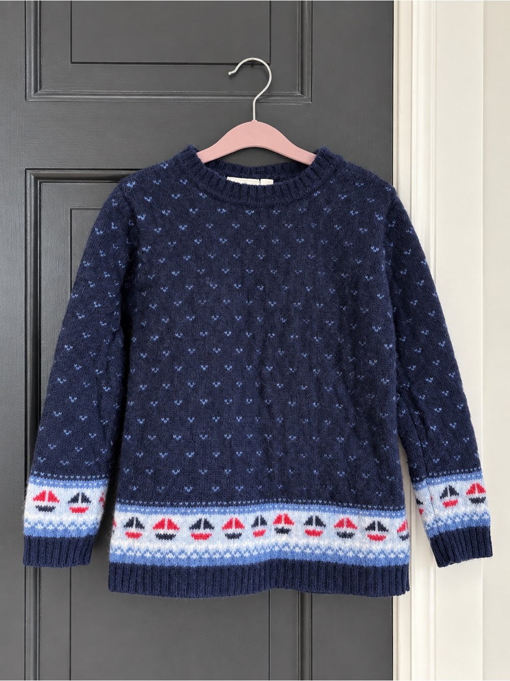 JoJo Maman Bébé Navy Lambswool Sailboat Fair Isle Sweater 3–4Y